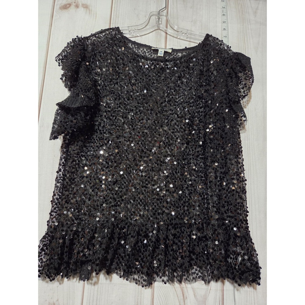 She + Sky Black Sequin Ruffle Sleeve Peplum Mesh Top Whimsigoth Medium